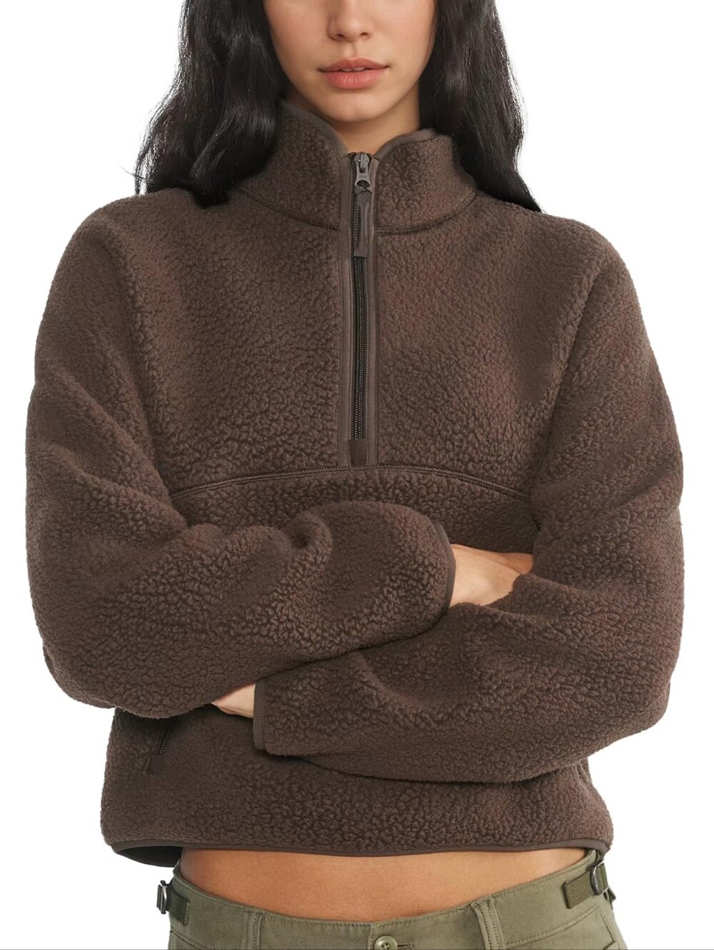 Womens Brown Fleece Sweatshirt Cropped Half Zip Fuzzy Warm Sherpa Pullover, S